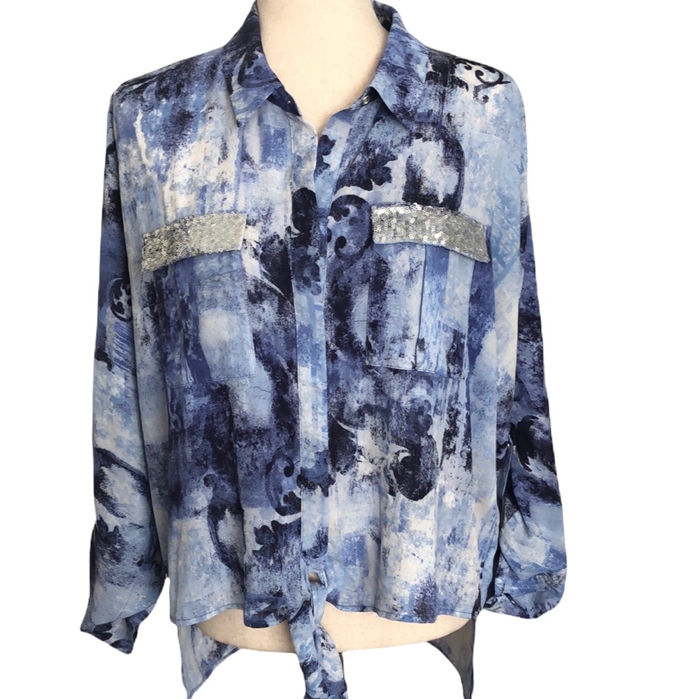 Chico’s Blue Button Down Blouse with Sequin Accents Size 2 (12/14)